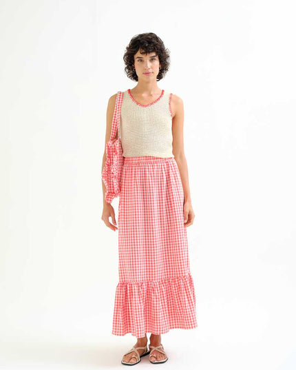 Gingham Tiered Maxi Skirt - Red