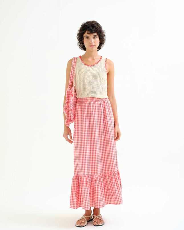 Gingham Tiered Maxi Skirt - Red