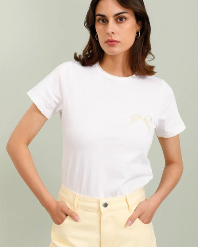 Lila Bow Embroidered Tee - White/Lemon