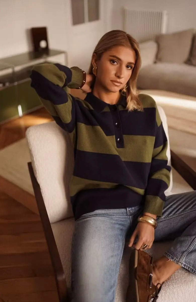 Lara Bold Stripe Rugby Sweater - Khaki/Navy