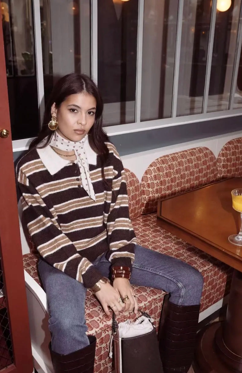 Niamh Knit Rugby Polo - Dark Maroon Stripe