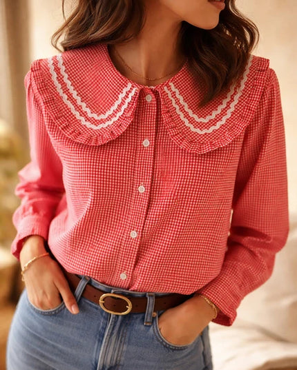 Mia Scalloped Peter Pan Collar Blouse - Red Gingham