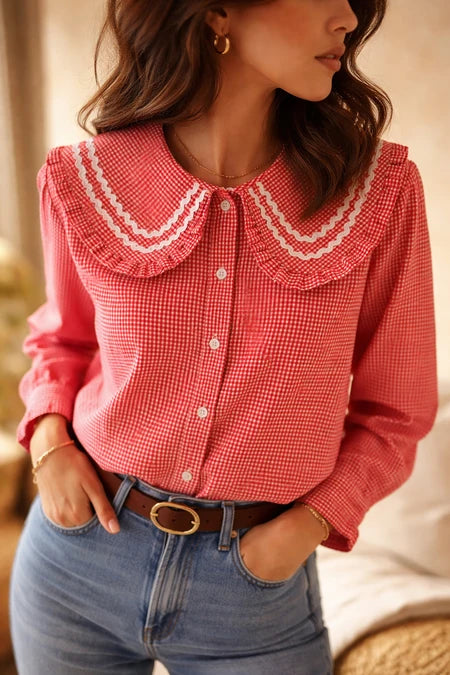 Mia Scalloped Peter Pan Collar Blouse - Red Gingham