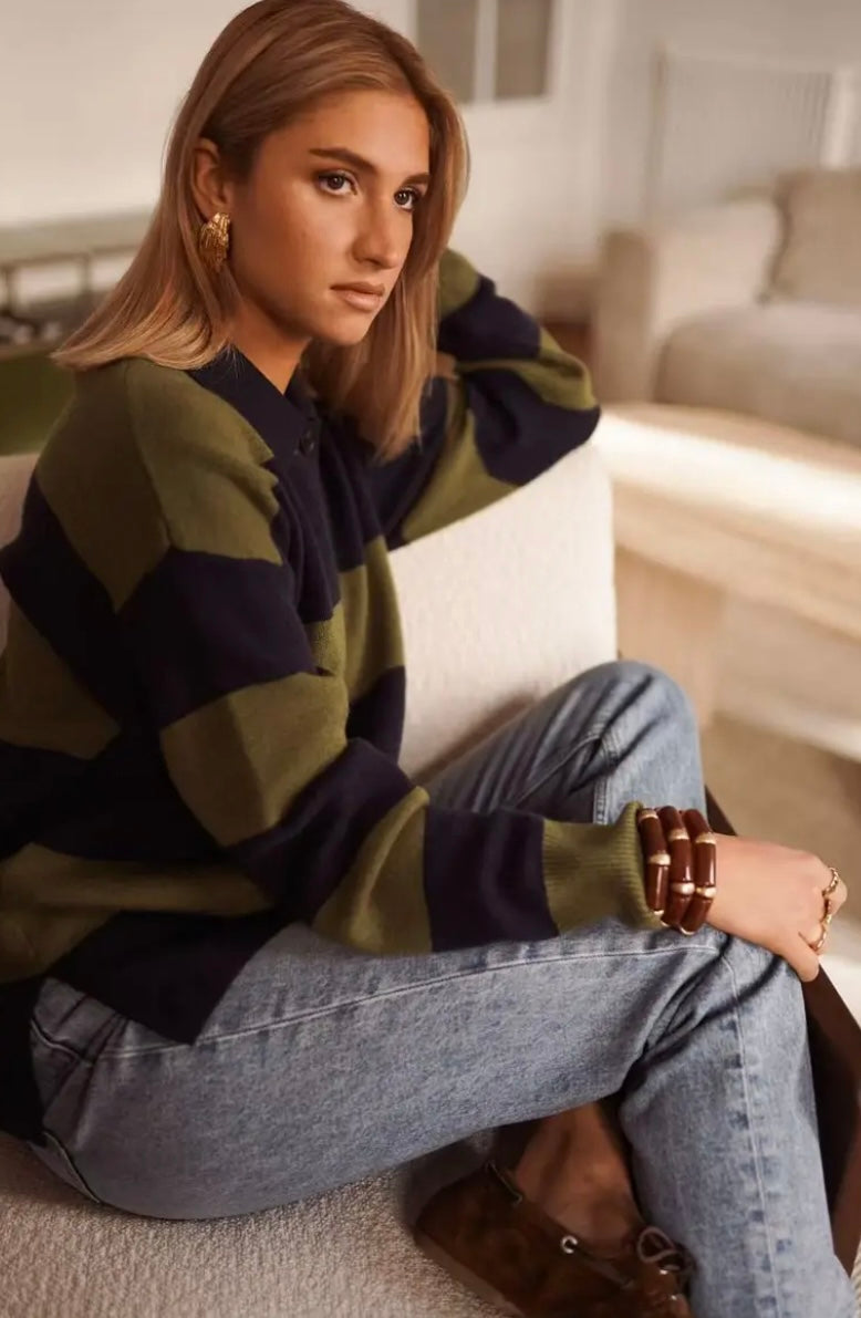 Lara Bold Stripe Rugby Sweater - Khaki/Navy