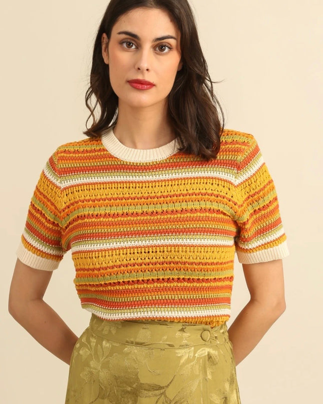 Eva Crochet Stripe Short Sleeve Sweater - Orange