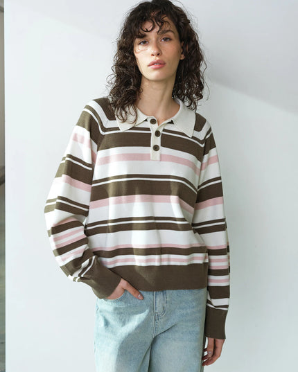 Yaz Rugby Polo Knit Stripe Jumper - Vintage Khaki Multi