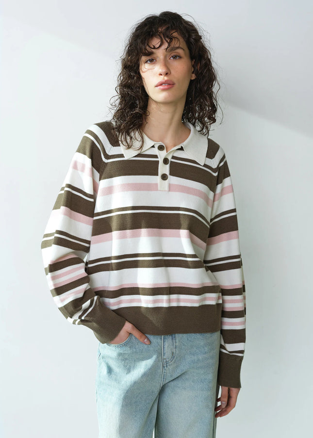Yaz Rugby Polo Knit Stripe Jumper - Vintage Khaki Multi