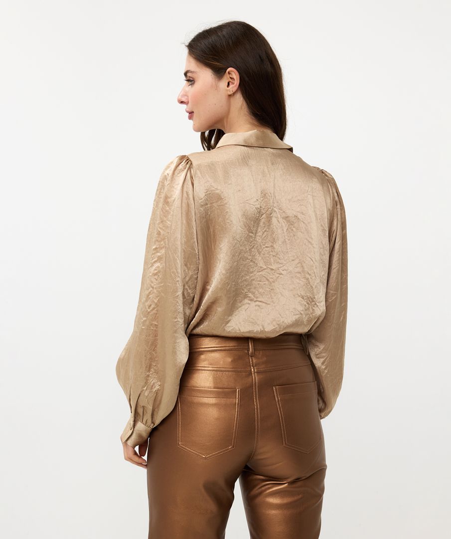 EsQualo - Crushed Satin Bow Blouse - Light Sand