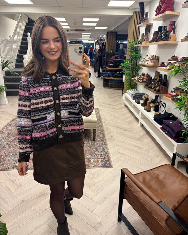 Susannah Jaquard Knit Polo Collared Cardigan - Brown