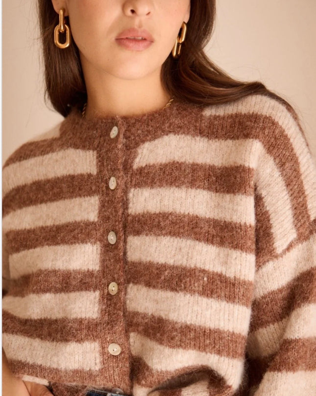 Emily Nautical Stripe Cardigan - Camel