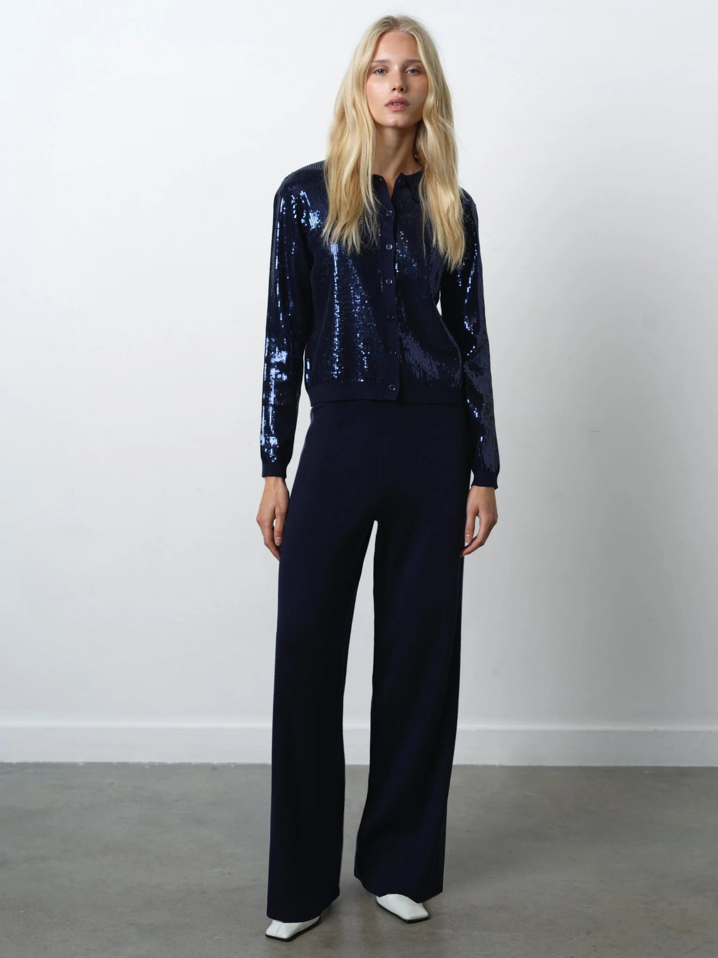 Hannah Knit Sequin Long Sleeve Button Through Top - Navy