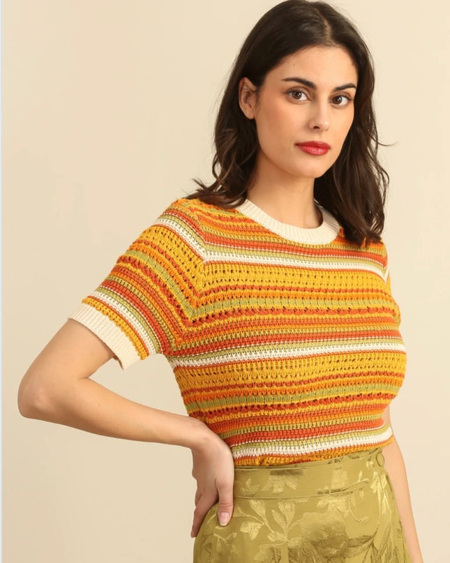 Eva Crochet Stripe Short Sleeve Sweater - Orange