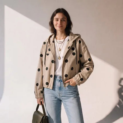 Ria Short Hooded Polka Dot Jacket - Beige