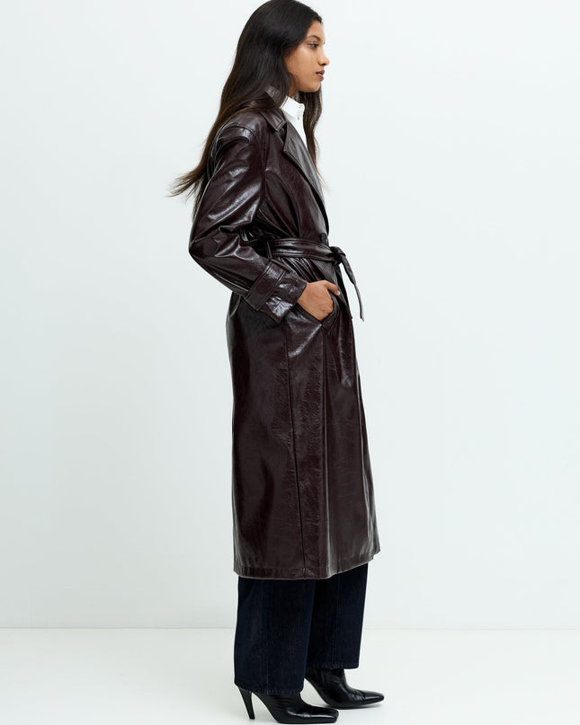 Athene Burgundy Crinkle PU Trench Coat