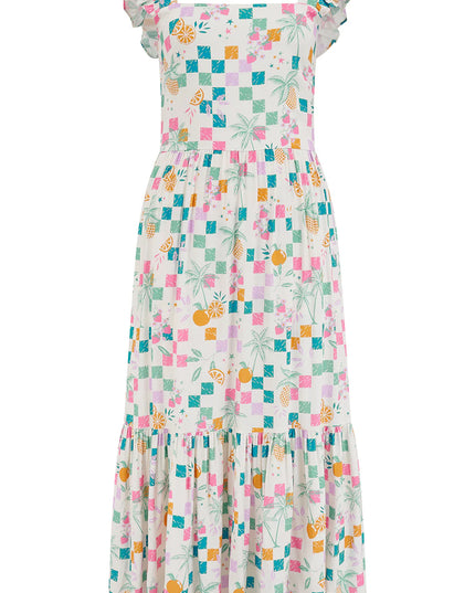 Estelle Shirred Sundress - Off White, Fruit Checkerboard