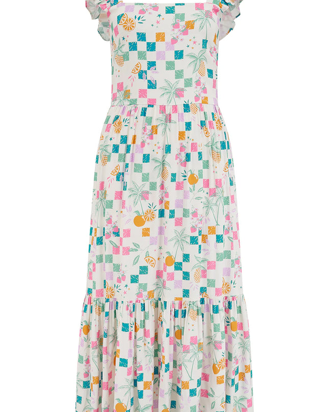 Estelle Shirred Sundress - Off White, Fruit Checkerboard