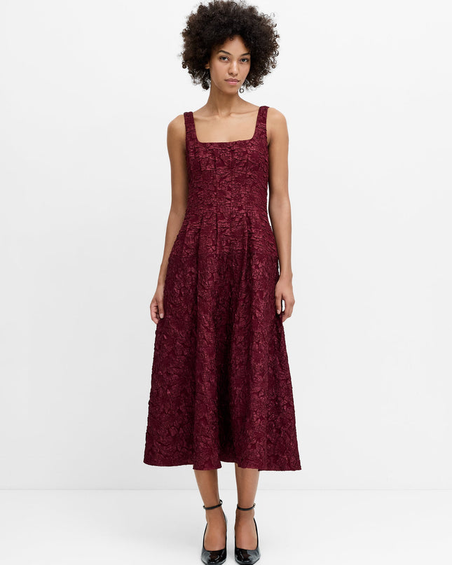 Milenda Burgundy Floral Jacquard Midi Dress