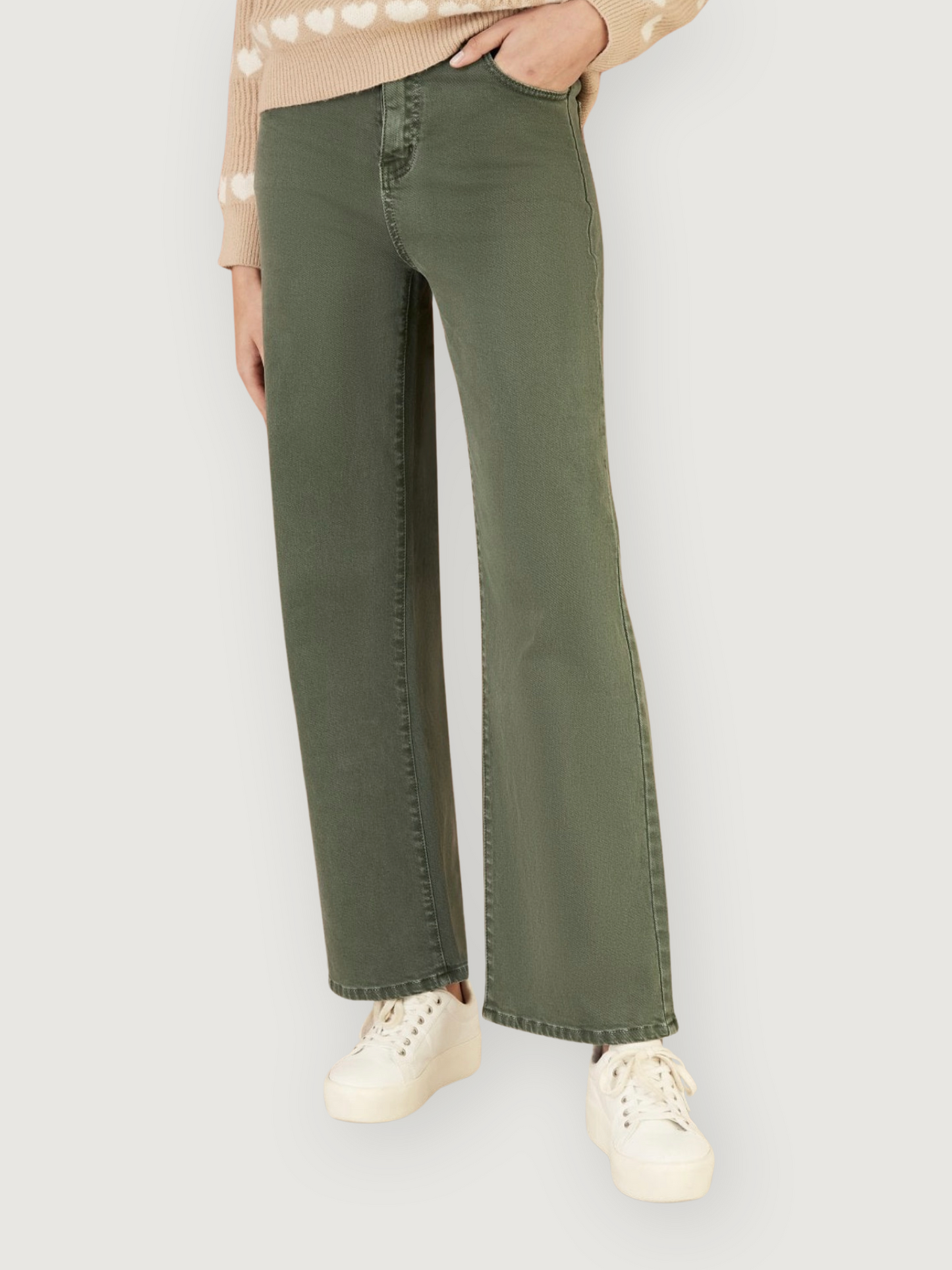 Yumi - Stretch Canvas Wide Leg Jean - Olive