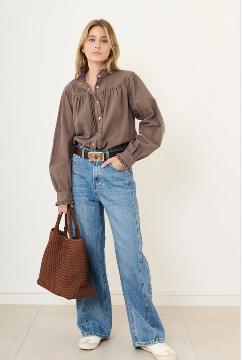Ruffled Collar Denim Shirt - Coffee
