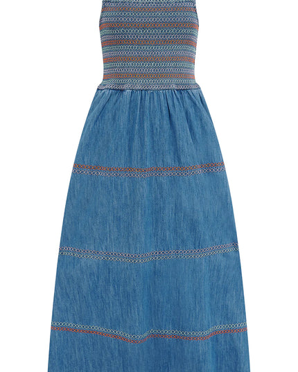 Murren Shirred Midi Dress - Washed Blue Denim
