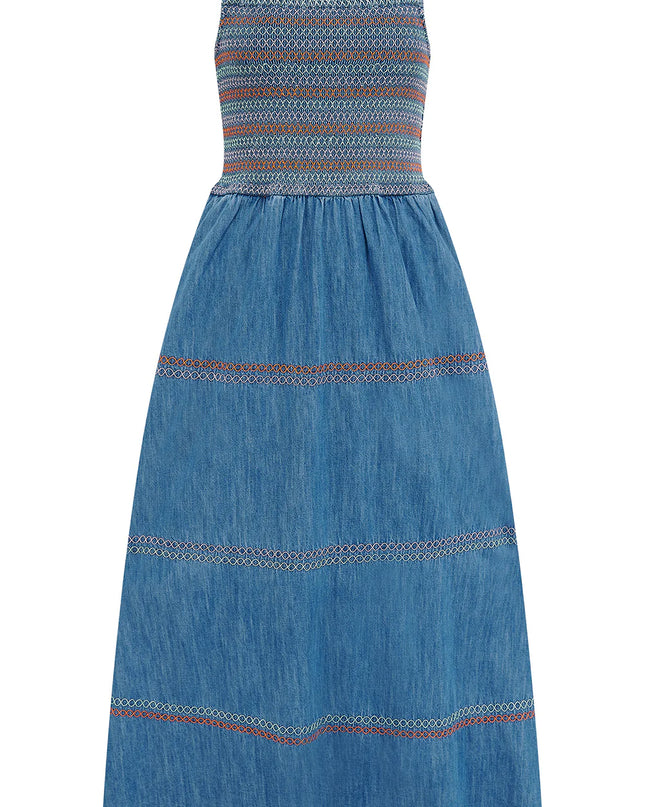 Murren Shirred Midi Dress - Washed Blue Denim