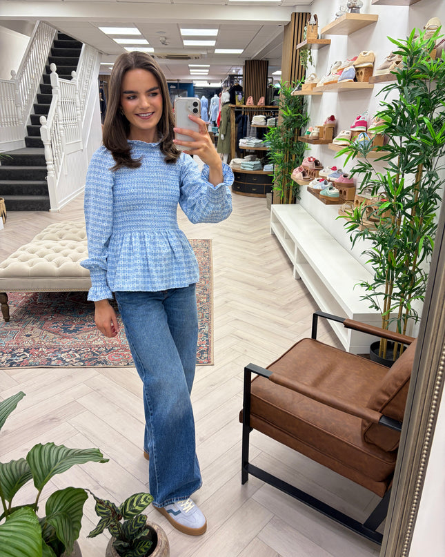 Margot Smocked Geometric Blouse - Blue