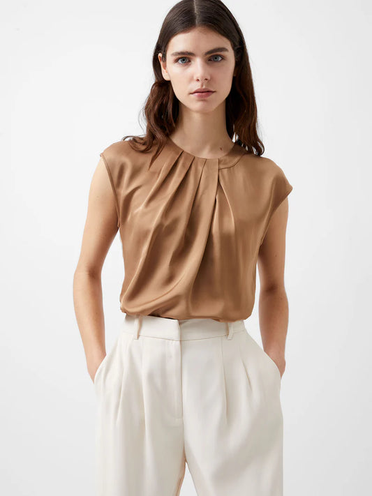 Ennis Eco Satin Neck Detail Top - Camel