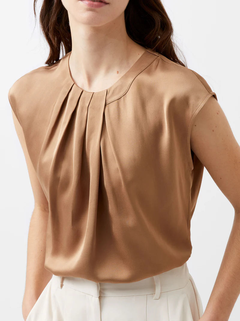 Ennis Eco Satin Neck Detail Top - Camel