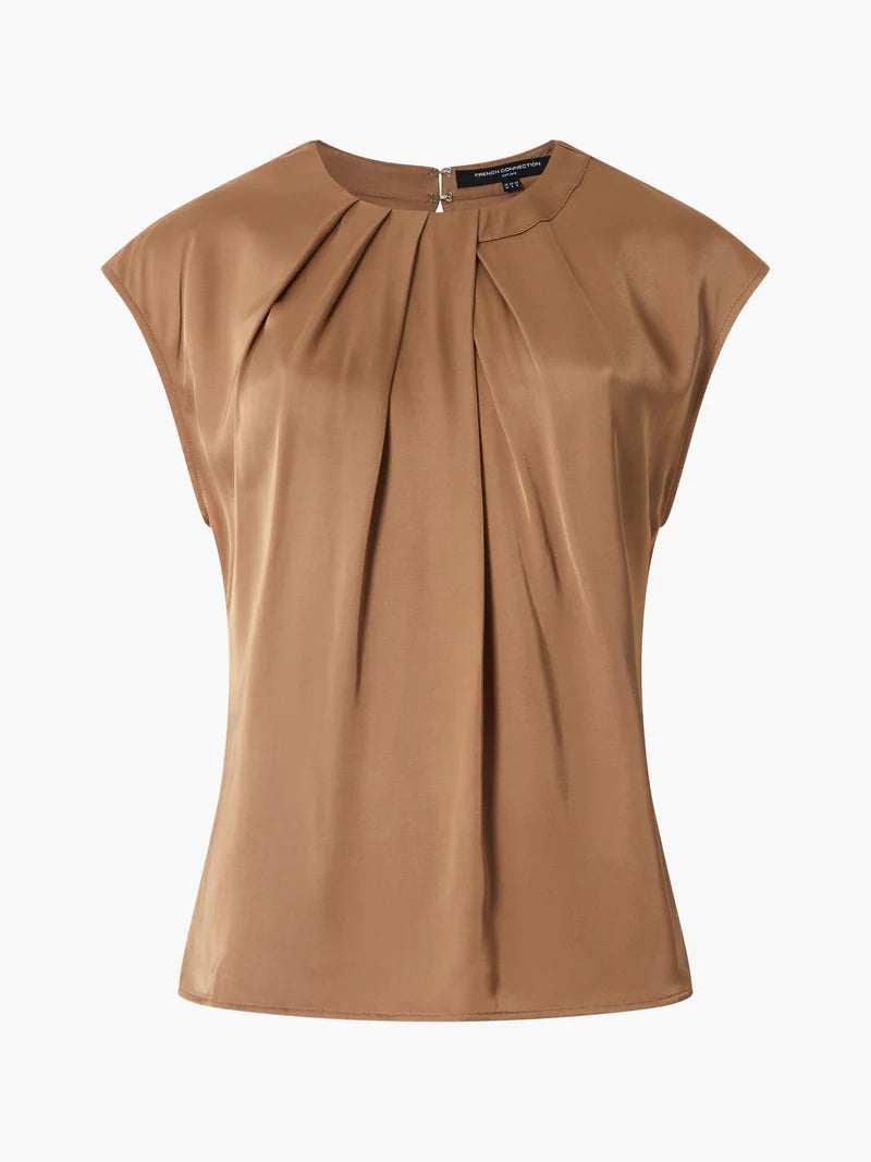 Ennis Eco Satin Neck Detail Top - Camel