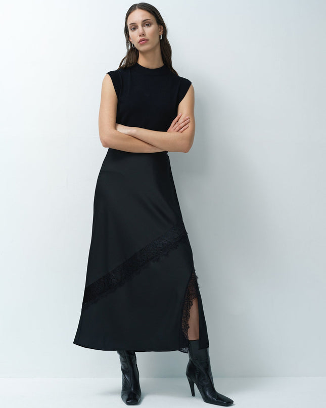 Dahlia Dark Grey Satin Lace Mix Midi Skirt