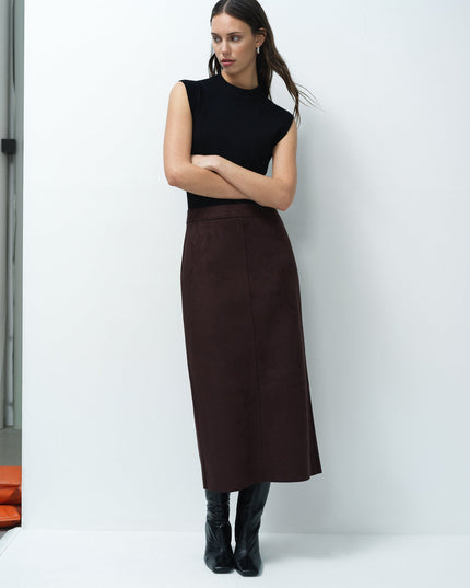 Laney Brown Faux Suede Midi Skirt