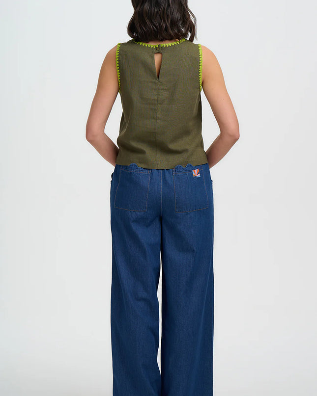 Senna Top - Olive, Decorative Stitch