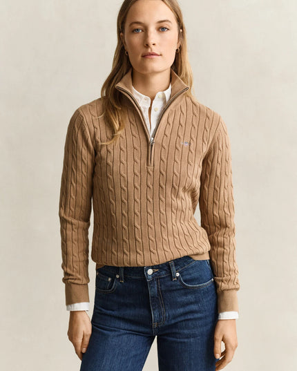 Stretch Cotton Cable Knit Half Zip Sweater - Warm Khaki