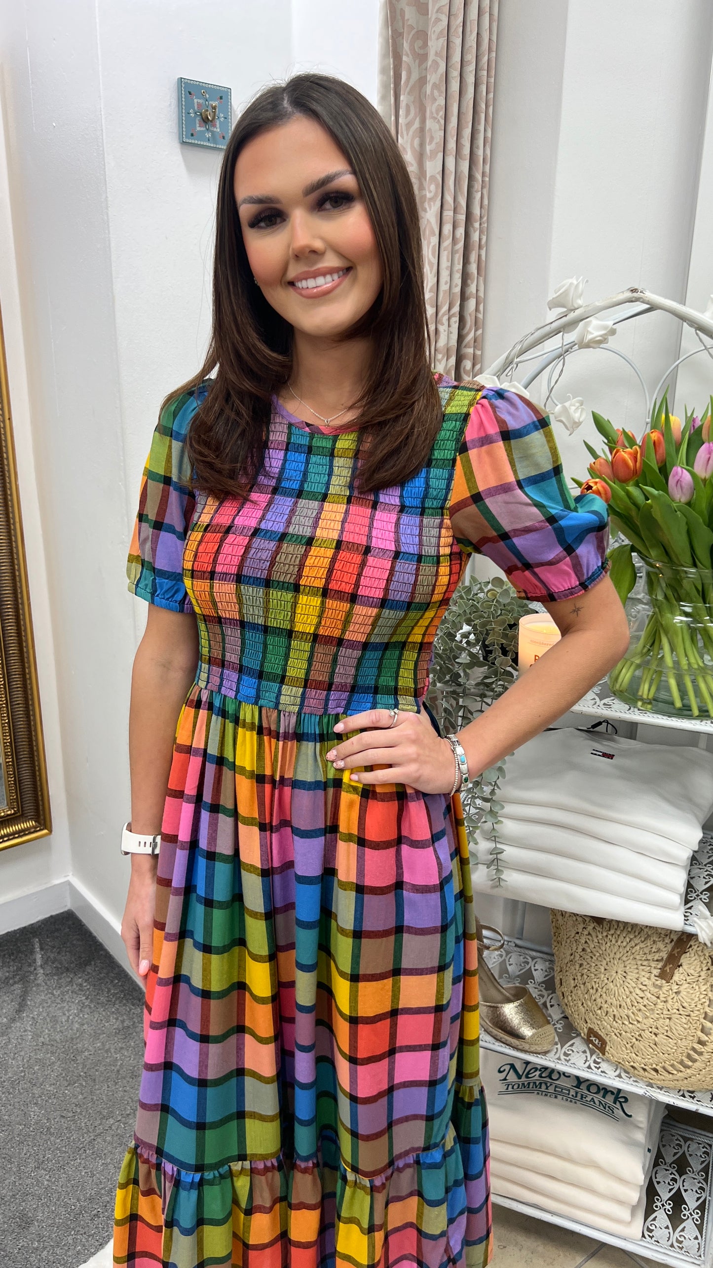 Yolanda Midi Shirred Dress - Multi, Summer Rainbow Check