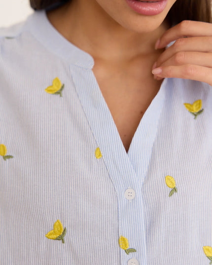 Dina Lemon Embroidered Short Sleeve Blouse - Blue