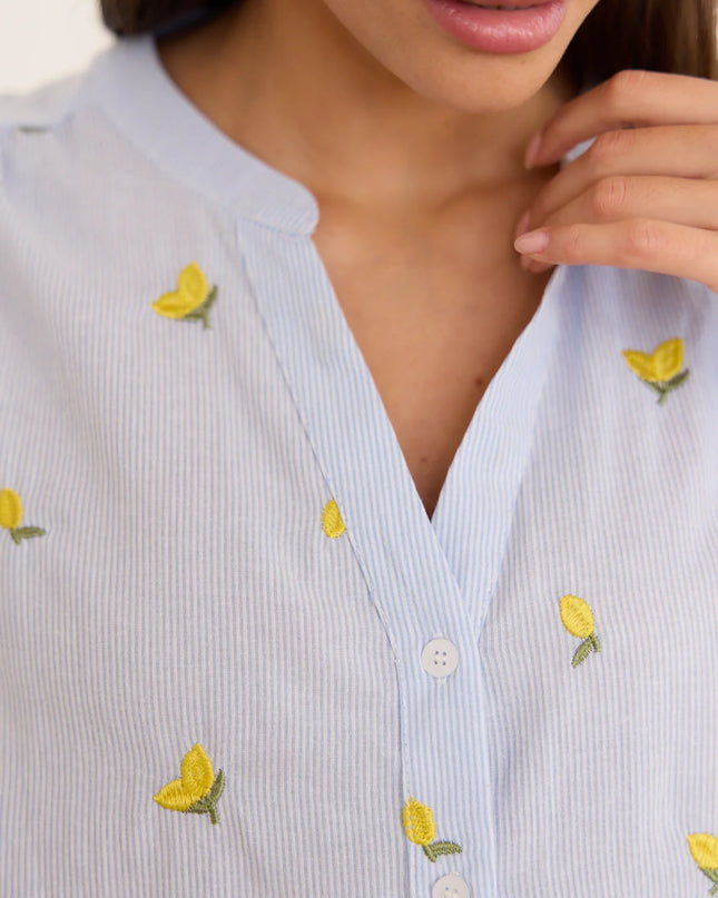 Dina Lemon Embroidered Short Sleeve Blouse - Blue
