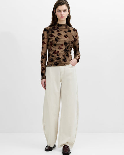 Tia Brown Floral Velvet Devore Mesh Top