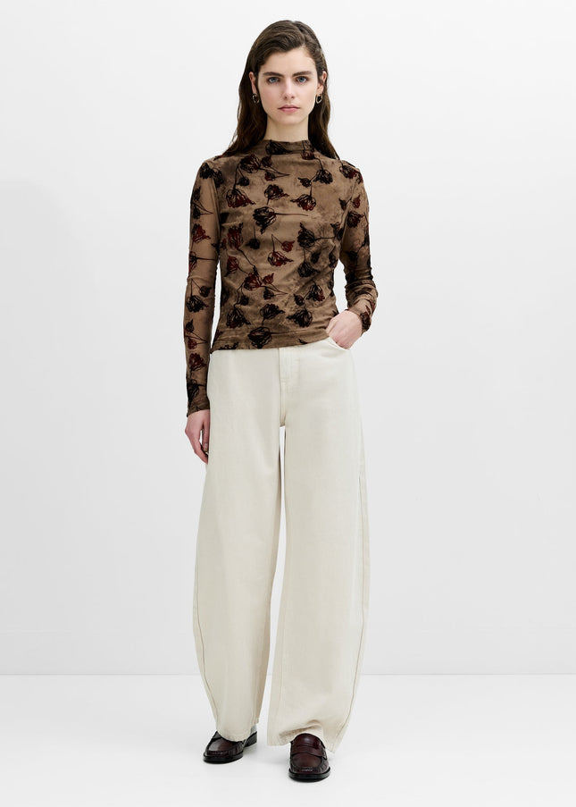 Tia Brown Floral Velvet Devore Mesh Top