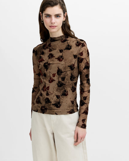 Tia Brown Floral Velvet Devore Mesh Top