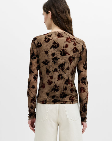 Tia Brown Floral Velvet Devore Mesh Top