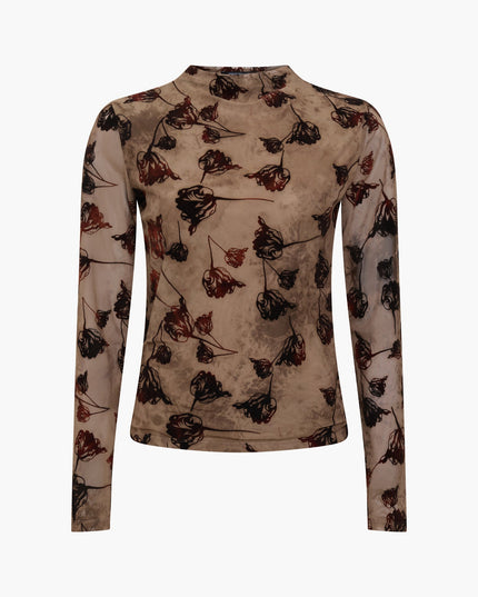 Tia Brown Floral Velvet Devore Mesh Top