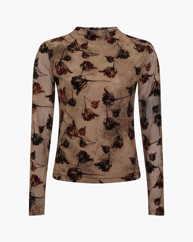 Tia Brown Floral Velvet Devore Mesh Top