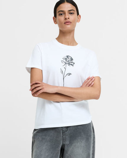White Cotton Rose Print T-Shirt
