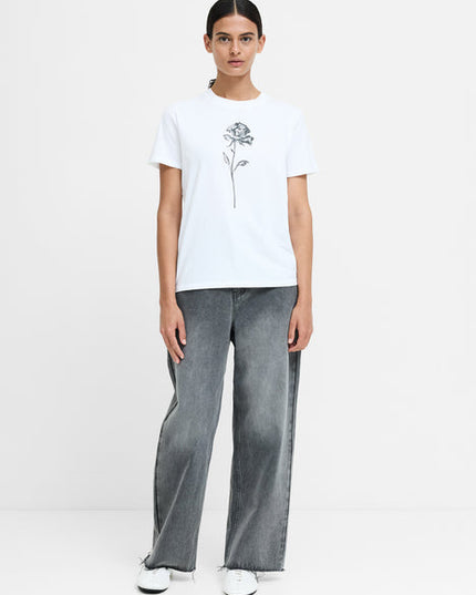 White Cotton Rose Print T-Shirt