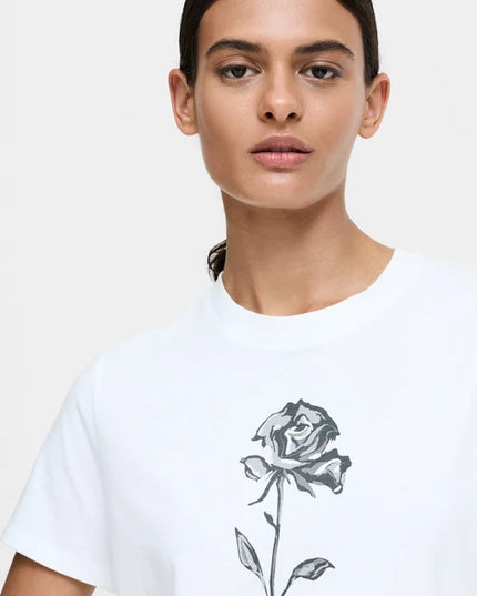 White Cotton Rose Print T-Shirt