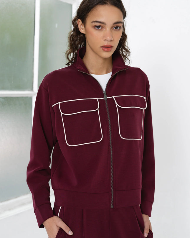 Wren Jersey Zip Up Piping Long Sleeve Sweatshirt