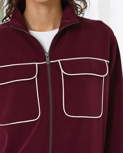Wren Jersey Zip Up Piping Long Sleeve Sweatshirt