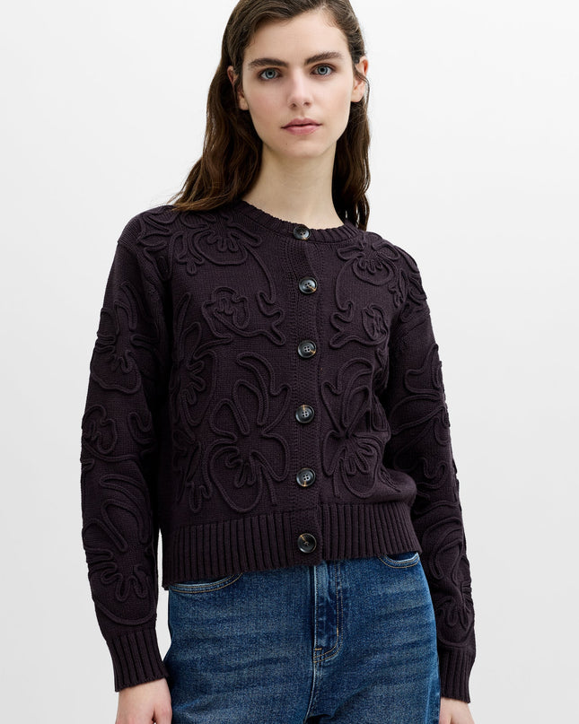 Varli Dark Brown 3D Floral Knit Cardigan