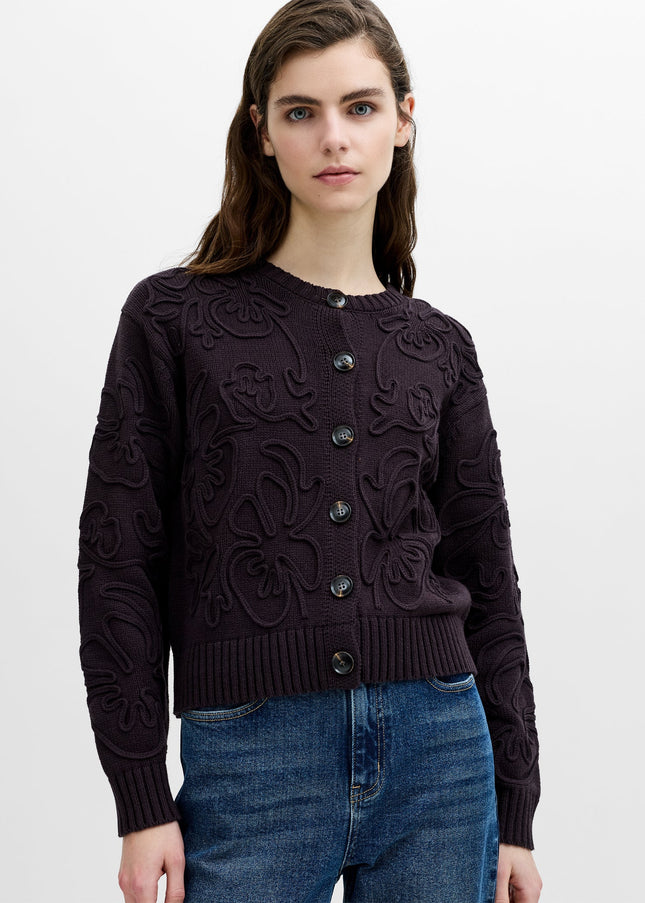Varli Dark Brown 3D Floral Knit Cardigan