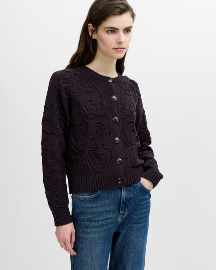 Varli Dark Brown 3D Floral Knit Cardigan